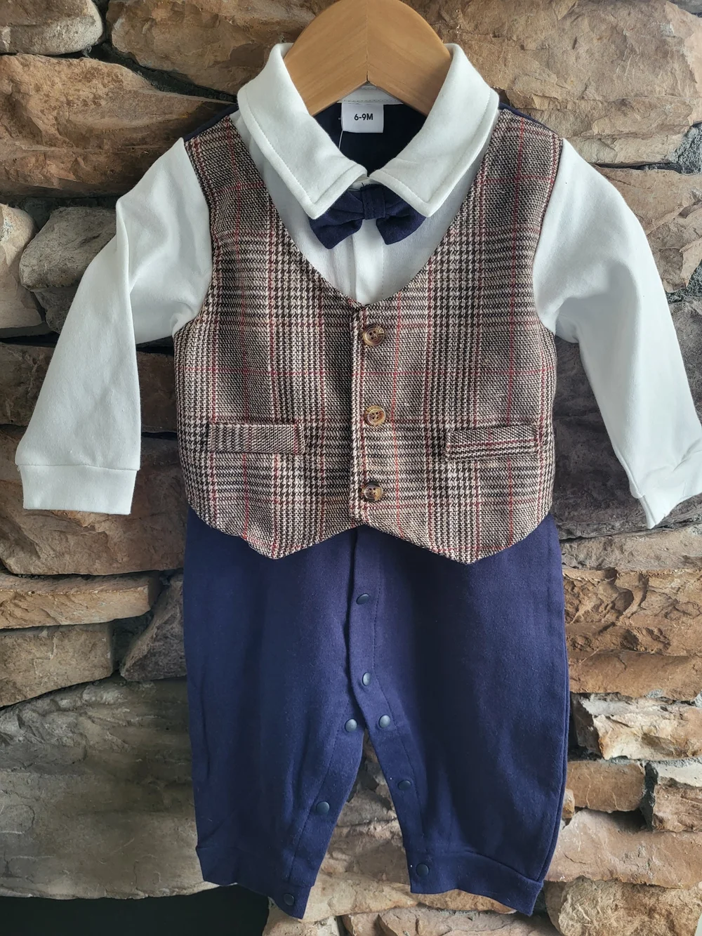 Infant Boy Navy Bowtie & Plaid Vest One-Piece NWT
